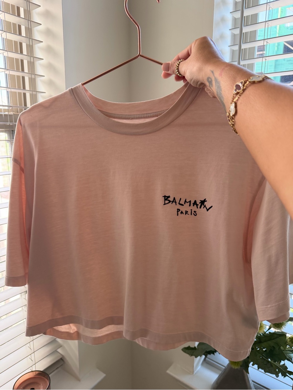 Balmain Pink Cropped Logo Tee